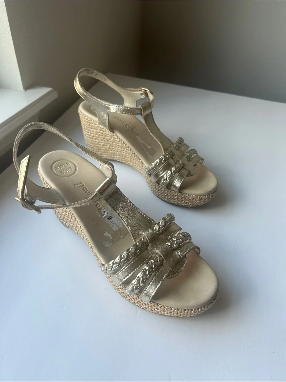 Paul Green Metallic Gold Leather T-Strap Wedge Sandals